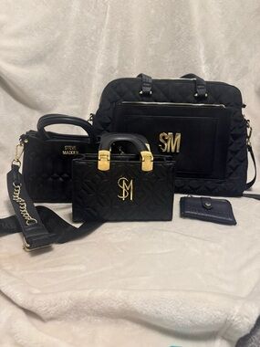 Steve Madden 4pc Bag Bundle Black Quilted Set Tote, Crossbody, Mini Bag ,Wallet